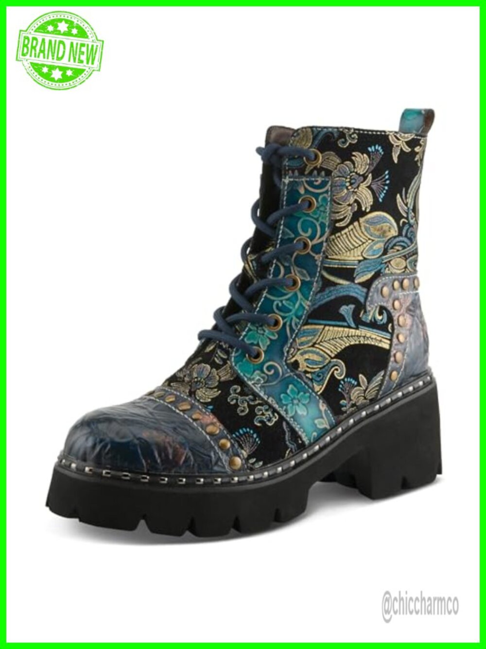 Suede Leather Ankle Bootie Combat Boot Faux Fur Lined Floral Embossed